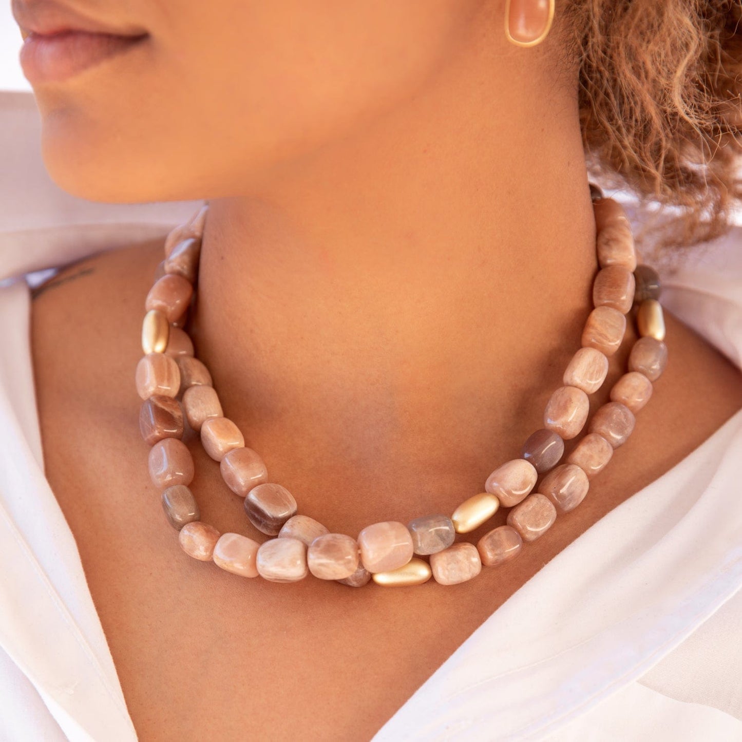 "Peach Moonstone" Beaded Nugget Necklace
